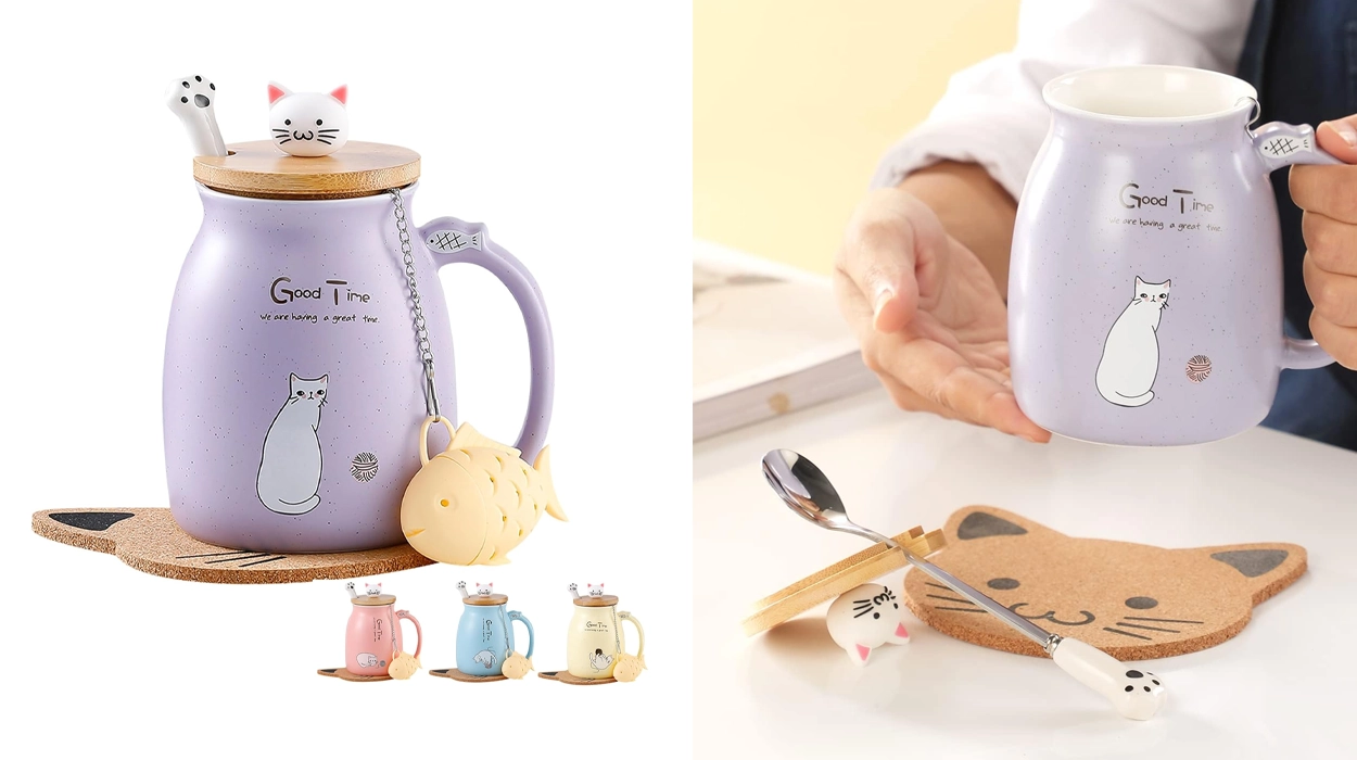 Taza de cerámica mengCat con cuchara, tapa, infusor de té y posavasos