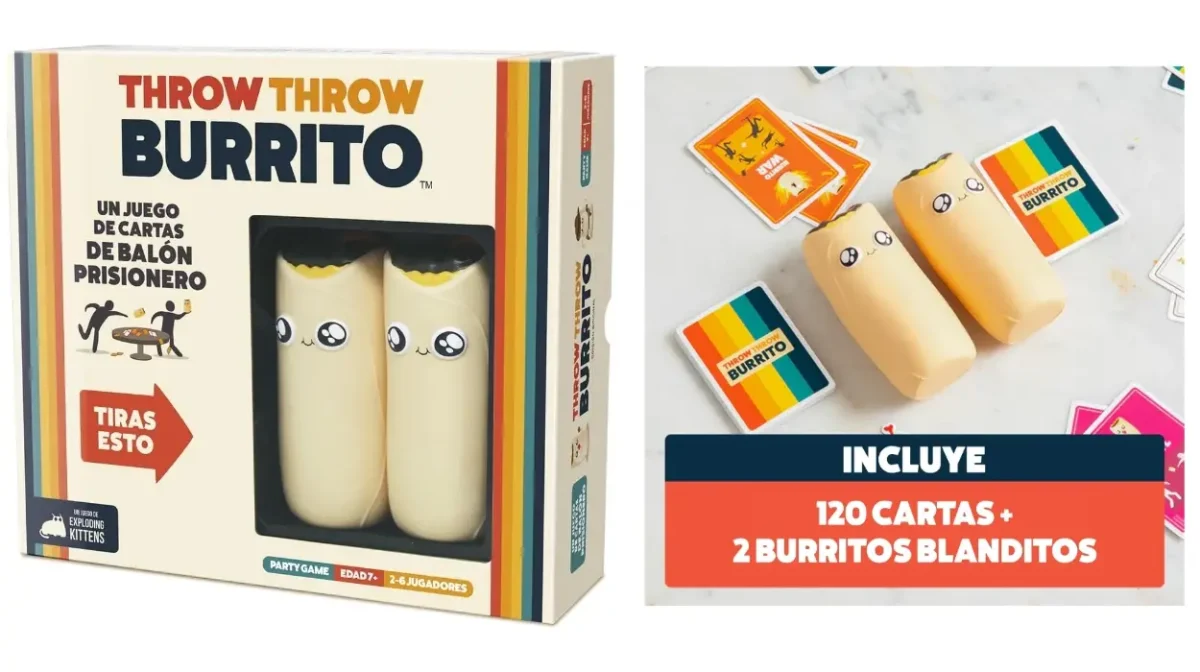Diversión en grupo con el juego Throw Throw Burrito de cartas y acción tipo balón prisionero por menos de 18 euretes