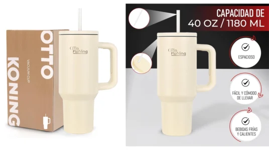 Vaso térmico Otto Koning de 1,2 litros con doble pared, asa, tapa y pajita