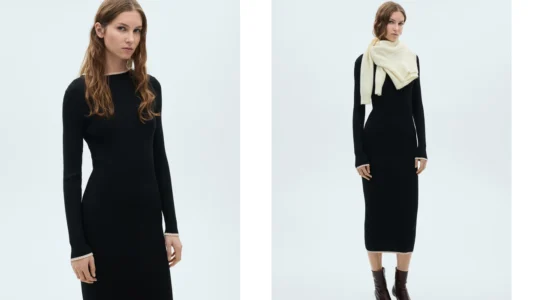 Vestido largo de punto Mango Outlet con ribetes a contraste