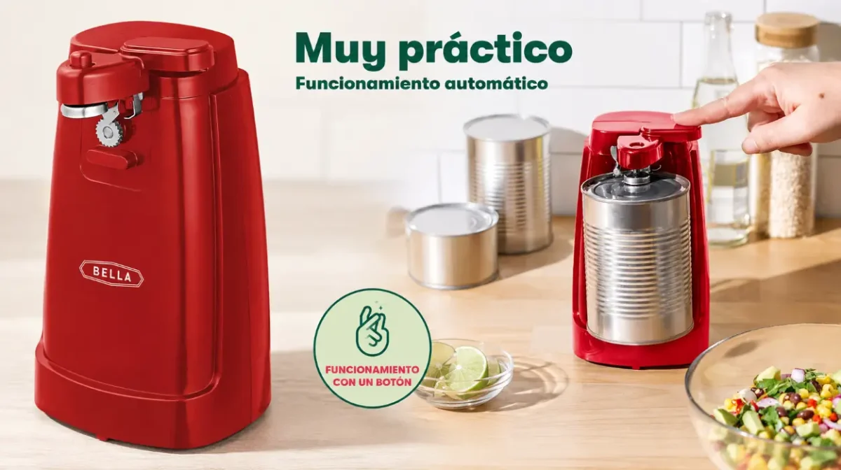Abrelatas eléctrico multifuncional Bella: abre latas, tarros y afila cuchillos