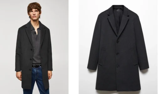 abrigo gris de lana reciclada Mango Outlet para hombre