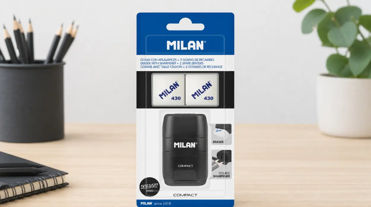 Dos útiles en uno: afilaborra MILAN COMPACT Shadow con 2 gomas de recambio