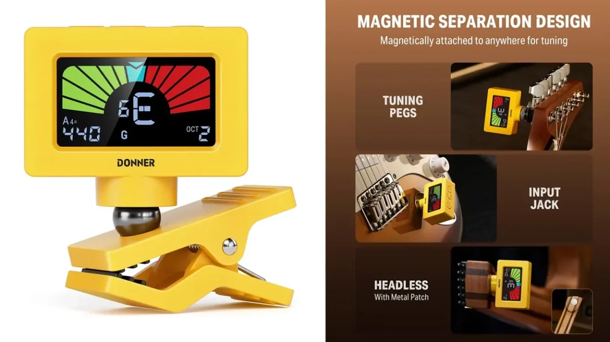 Afinador de guitarra magnético Donner con pantalla LCD a color