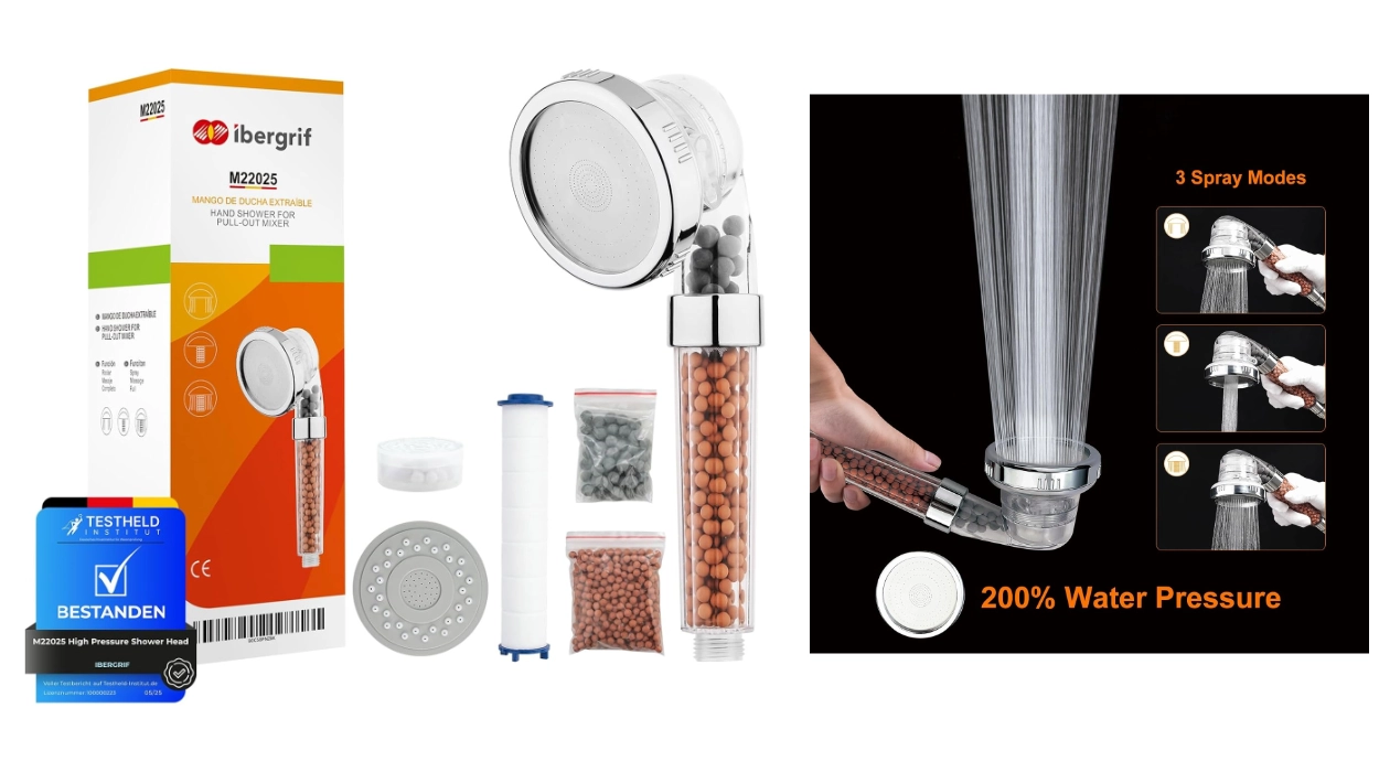 alcachofa de ducha de alta presión Ibergrif con filtro y 3 modos de chorro