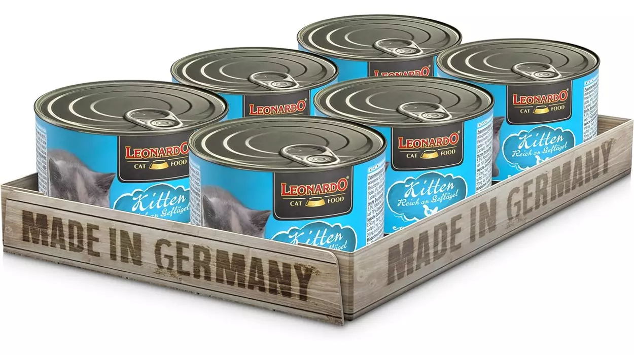 Alimento húmedo para gatitos Leonardo con sabor a ave, lote de 6 latas de 200 g
