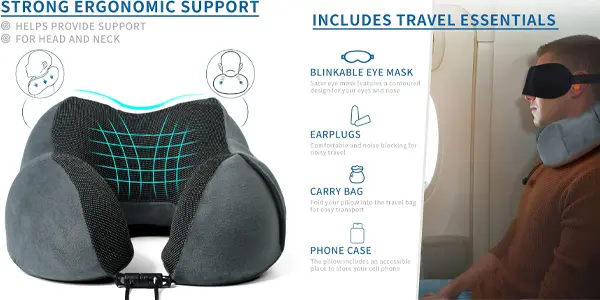 Set de viaje con almohada de espuma viscoelástica + antifaz + tapones