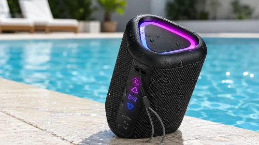 Altavoz Bluetooth portátil y potente con luz LED, sonido 360° y graves mejorados. Hasta 24 horas de música