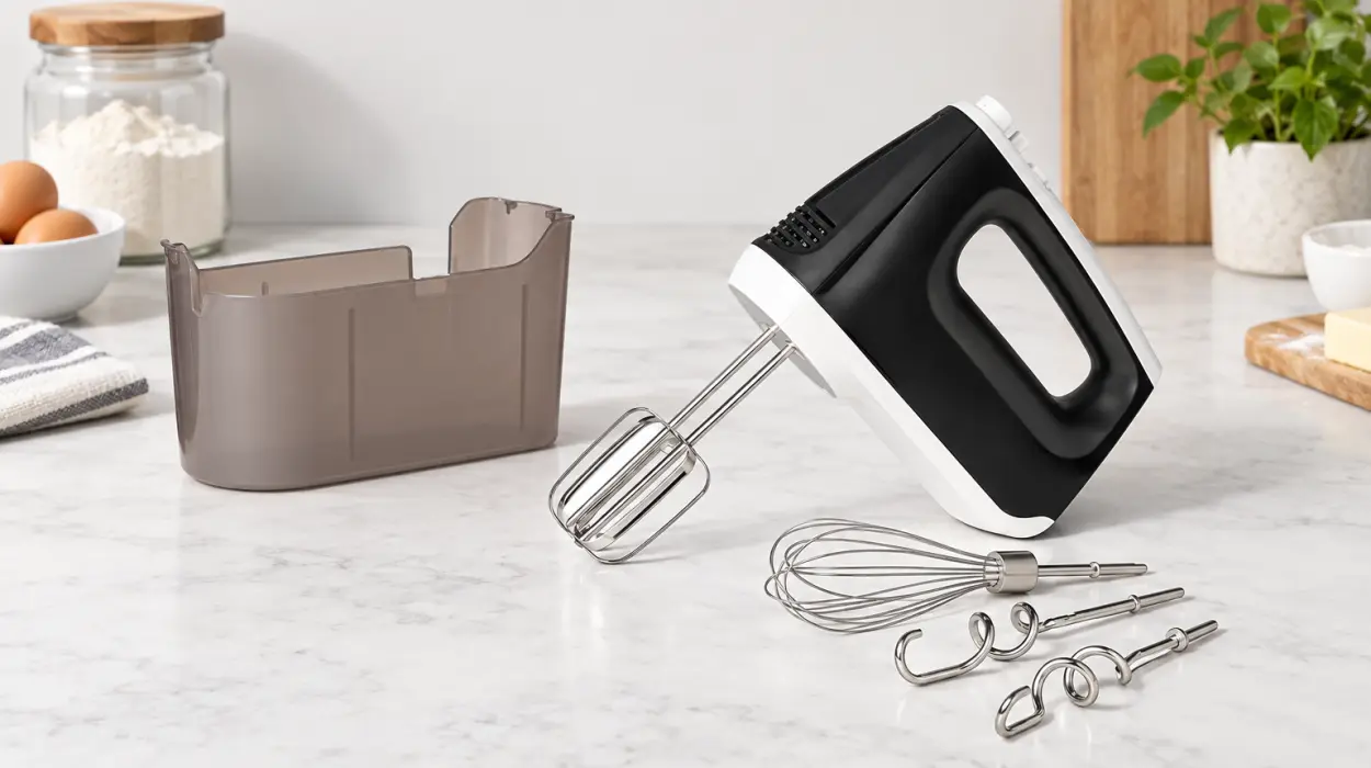 Batidora de varillas eléctrica Amazon Basics de 400 W con 6 velocidades y caja de almacenamiento