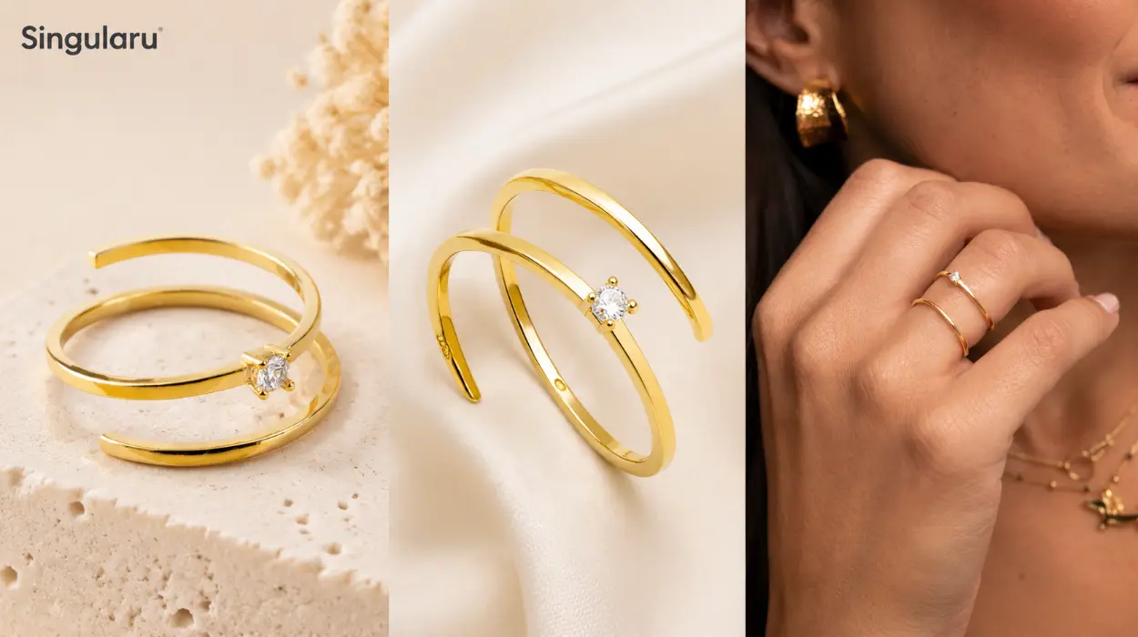 Anillo Singularu Spiral Spark justable en plata de ley 925 bañada en oro de 18 kt