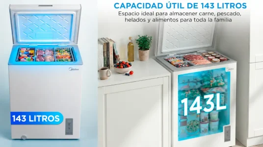 Arcón congelador pequeño Midea de 143L, motor inverter y control electrónico de temperatura