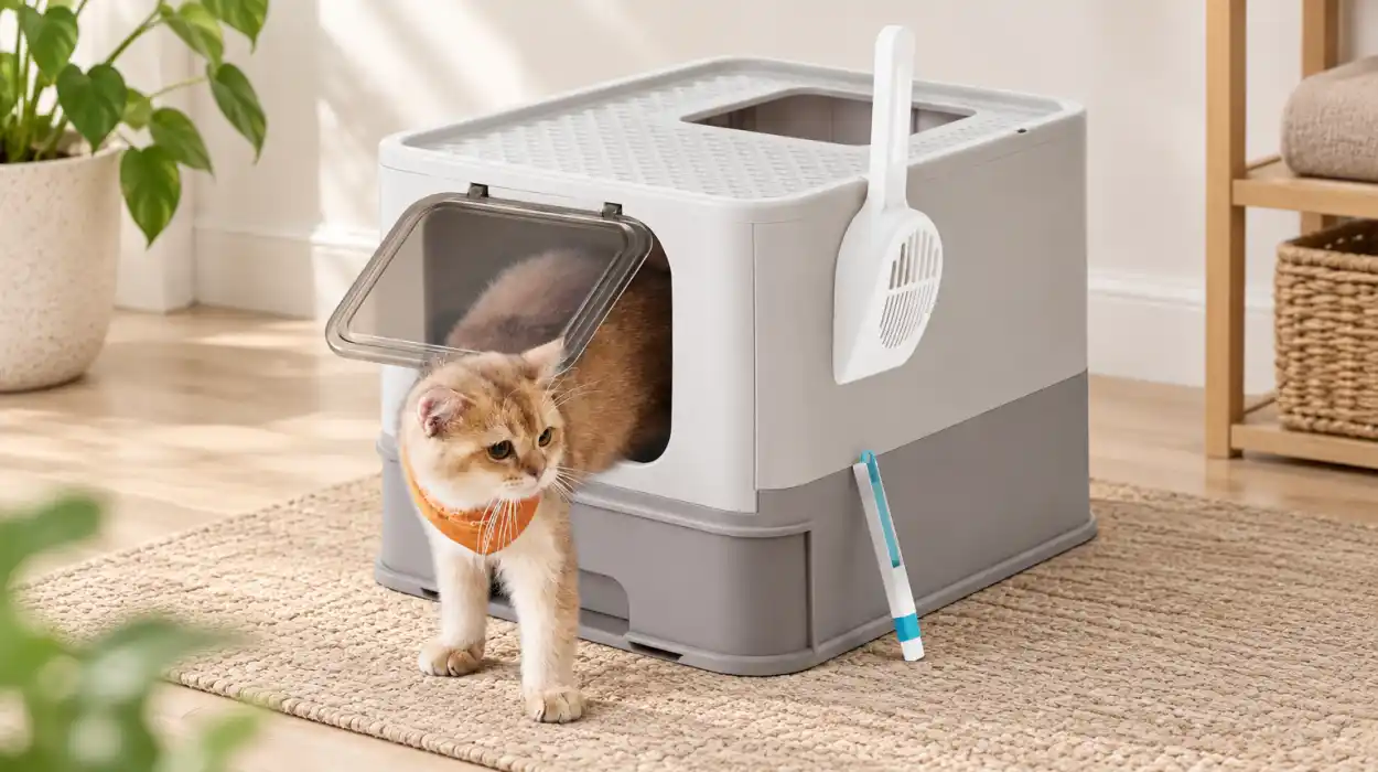 Arenero para gatos Feandrea con bandeja extraíble, pala y carga de 15 kg