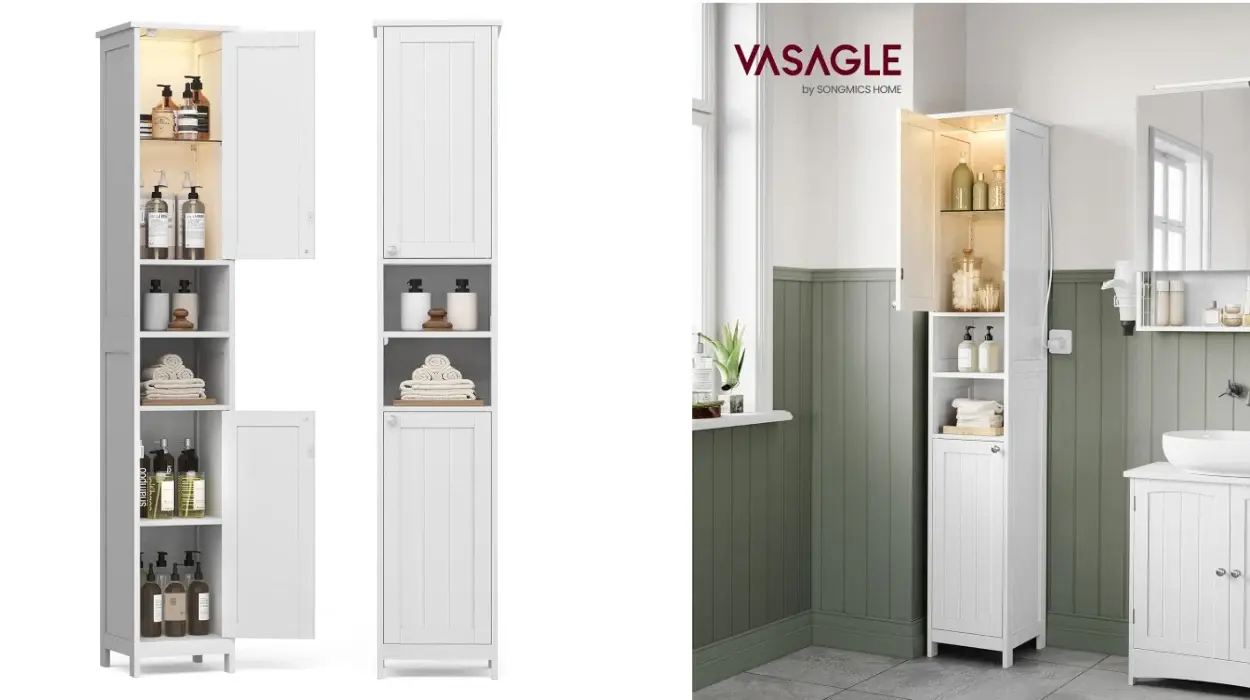 Armario de baño alto Vasagle con iluminación y estantes ajustables para espacios pequeños