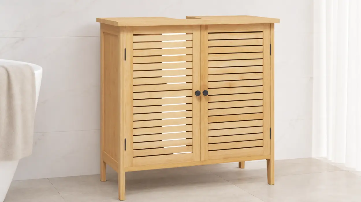 Armario de baño de bambú con estante ajustable y puertas de rejilla