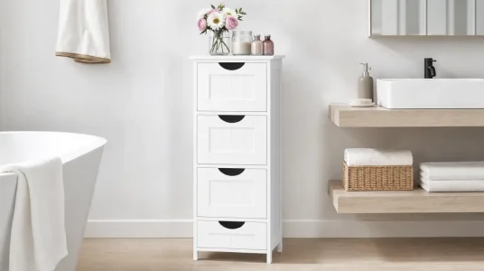 Armario de baño VASAGLE con 4 cajones, compacto y funcional para cualquier espacio