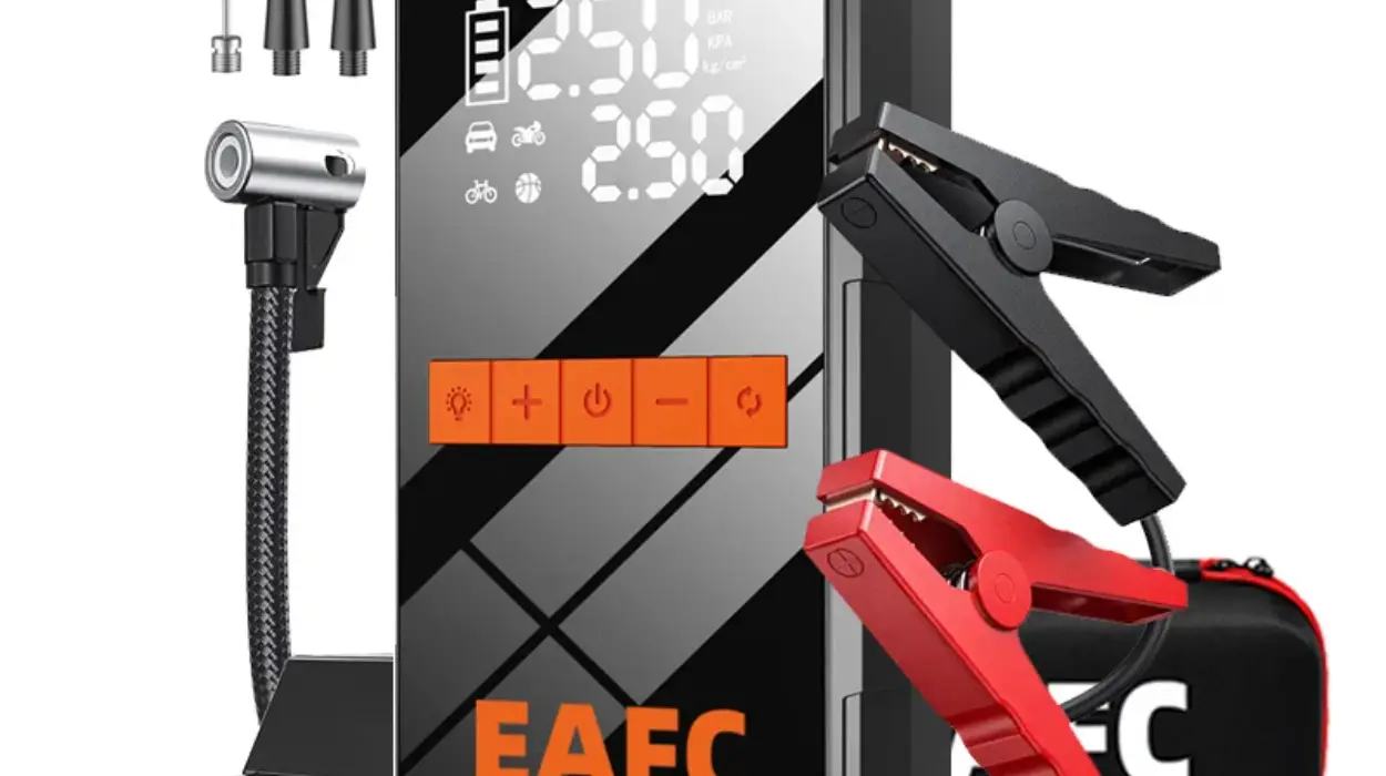 Arrancador de coches portátil EAFC con 5000 A, bomba de aire y power bank