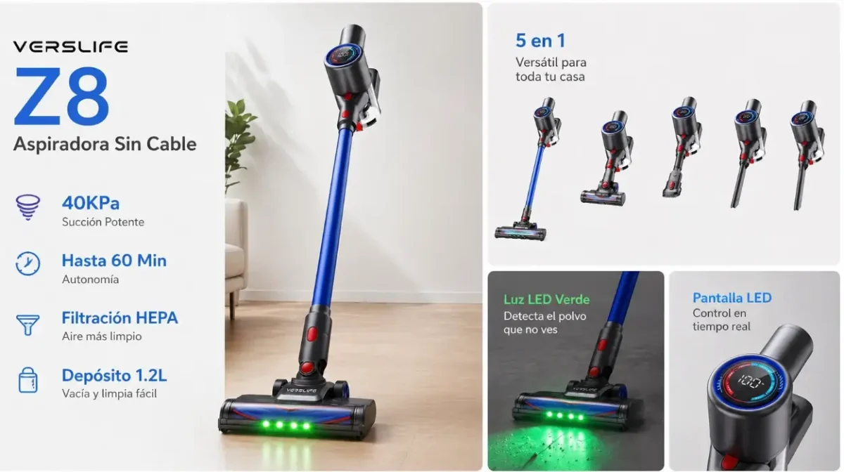 La aspiradora escoba con luz verde que detecta el polvo que no ves: VersLife Z8 potente y sin cable (40% de descuento)