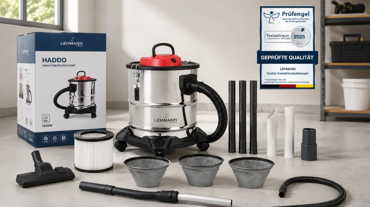 Aspiradora industrial LEHMANN 2000W con depósito de 20 litros de acero inoxidable y filtro HEPA