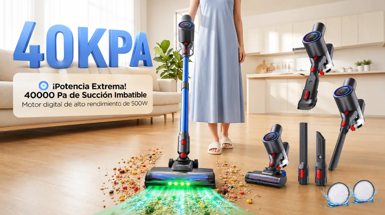 Aspiradora sin cable VersLife 40KPA con pantalla LED, luz verde y filtro HEPA