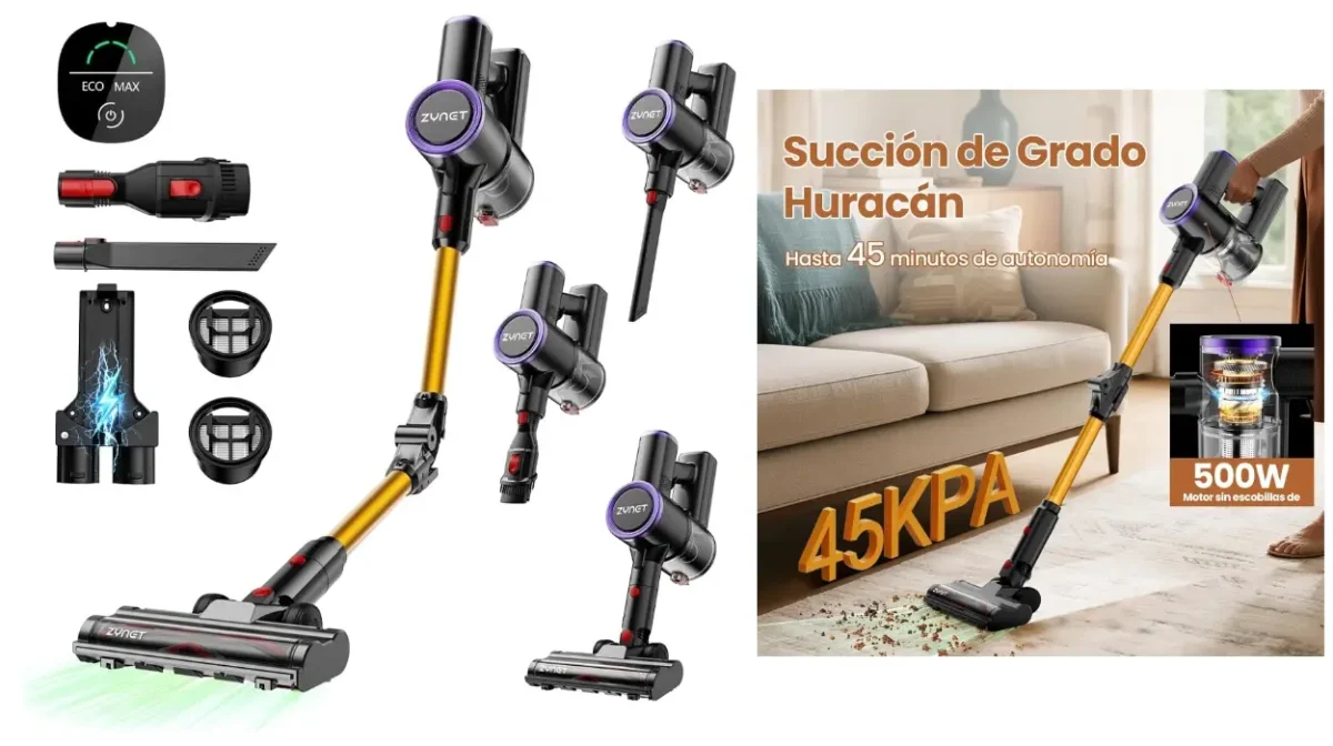 Aspiradora sin cable S9 de 550W y 45KPa con tubo plegable, luz verde y hasta 45 min