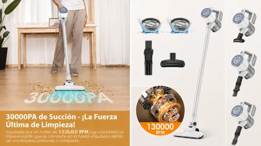 Aspiradora sin cable VersLife S6PRO con potente succión de 30KPa, diseño antienredos y filtración HEPA