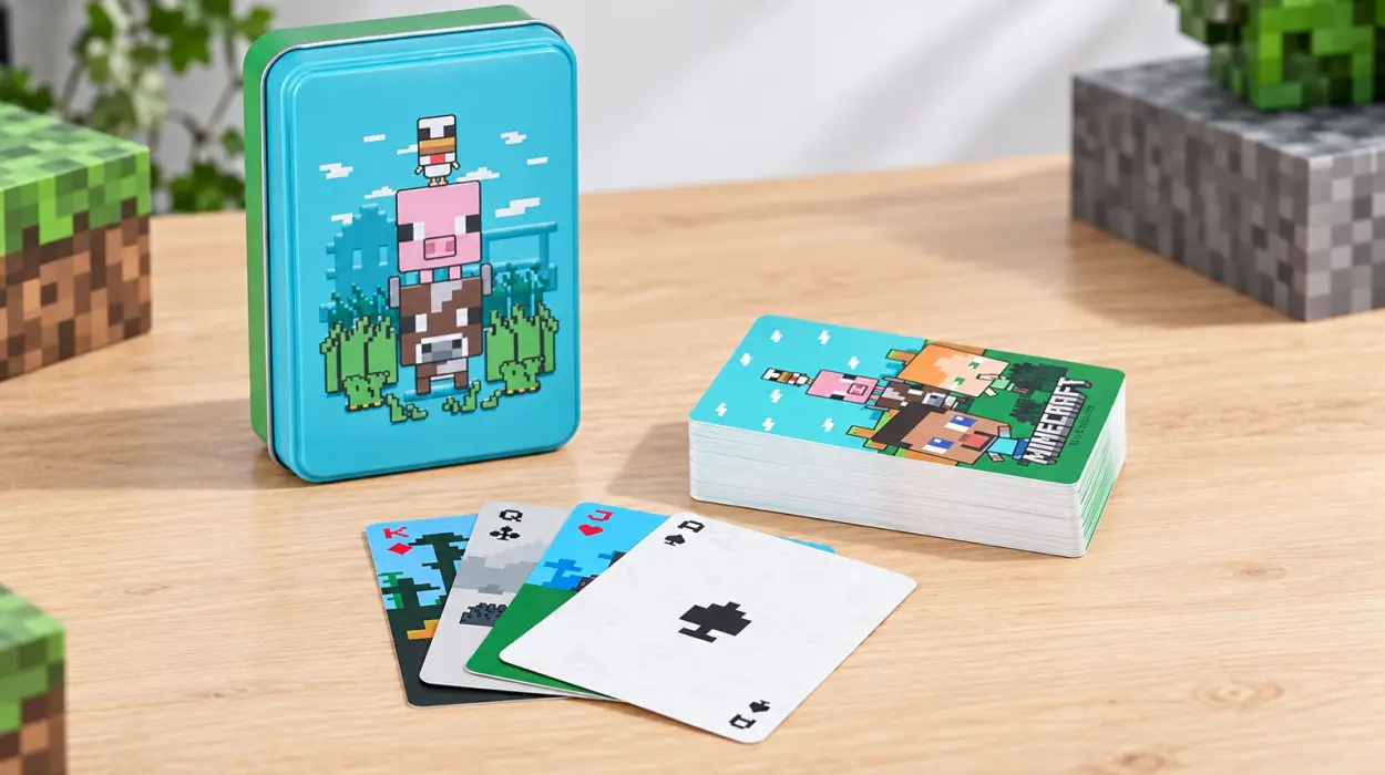 Baraja de cartas Paladone Minecraft con 52 cartas y 2 comodines en caja metálica