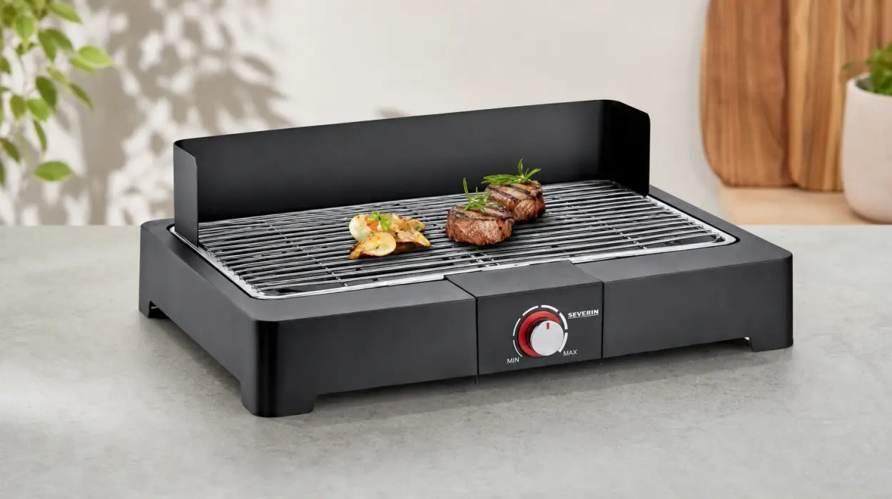 Barbacoa de mesa Severin con parrilla de acero inoxidable, segura y fácil de usar tanto en interior como exterior
