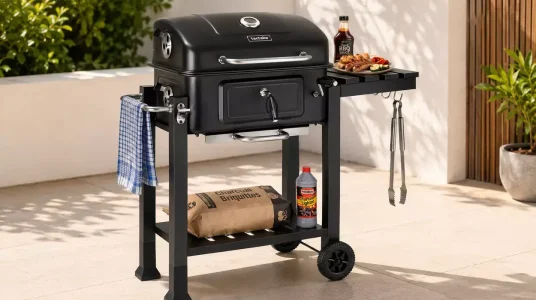 Barbacoa tectake de carbón con tapa, bandeja regulable y ruedas, ideal para asados al aire libre