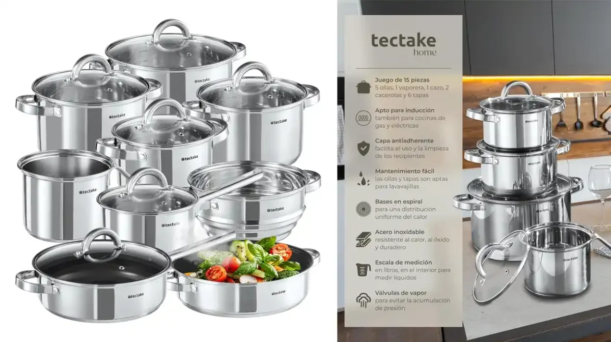 Batería de cocina Tectake de 15 piezas con tapas