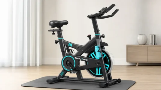 Bicicleta estática silenciosa Toputure para casa con amortiguación, pulsómetro y soporte para tableta