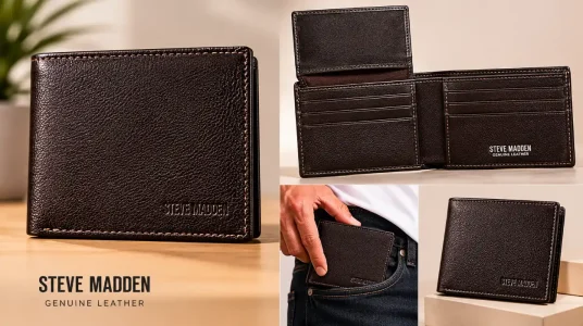 Billetera de cuero Steve Madden con protección RFID y espacio adicional en marrón