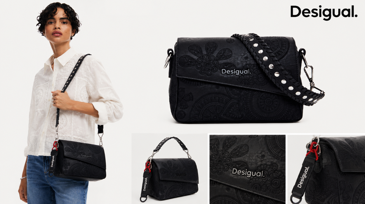 Destaca con el bolso bandolera mini Desigual efecto piel y relieves de mandalas