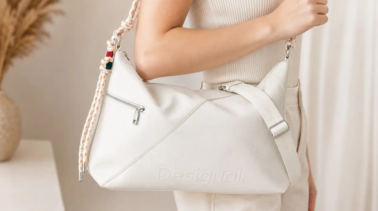 Bolso bandolera Desigual Half Logo Leiria 2.0 en beige crema