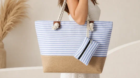 Bolso de playa grande impermeable DonDon con rayas azul claro y cremallera