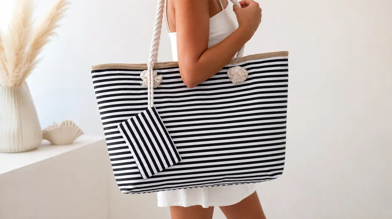 Bolso de playa negro y blanco con cremallera y diseño a rayas