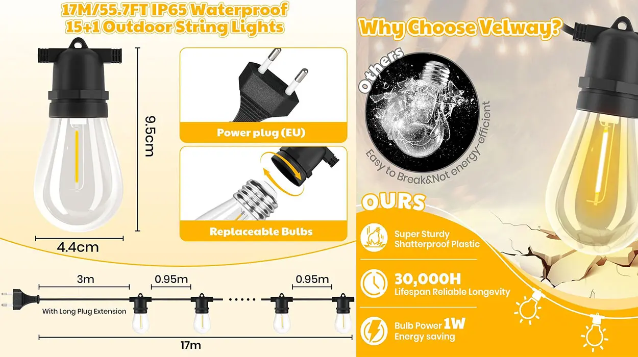 Cadena de luces LED de exterior Velway de 17 metros barata