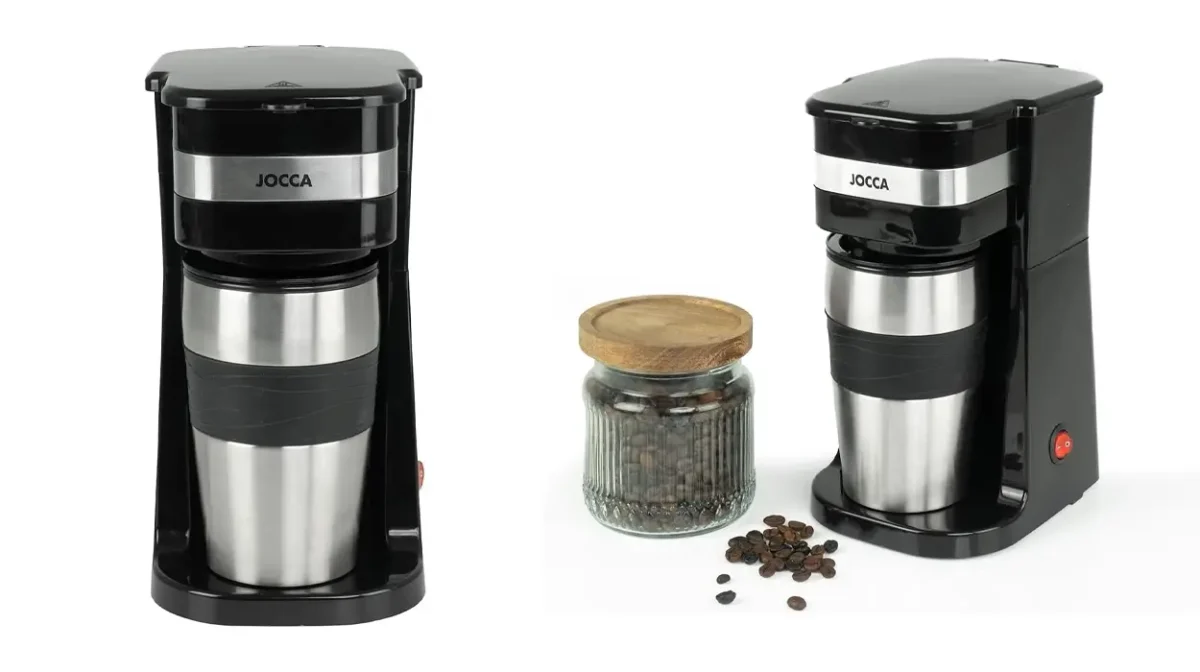 Llévate el café recién hecho a donde quieras con esta cafetera de goteo individual Jocca con vaso termo rebajada a sólo 39,99€