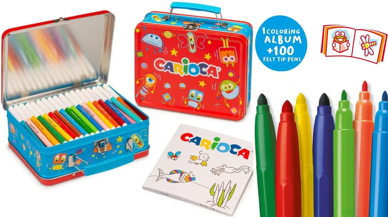 Caja metálica Carioca de 100 rotuladores lavables con álbum para colorear barata