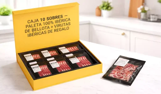 Caja con 10 sobres de paleta de bellota 100% Ibérica Faustino Gil + virutas ibéricas 200 gr de regalo