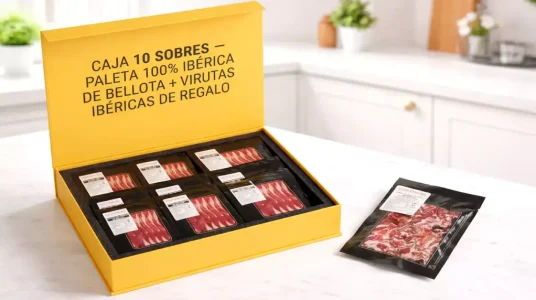 Caja con 10 sobres de paleta de bellota 100% Ibérica Faustino Gil + virutas ibéricas 200 gr de regalo