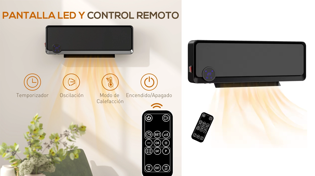 calefactor eléctrico de pared HOMCOM 1000W 2000W