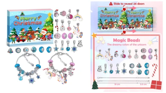 calendario de Adviento infantil para hacer pulseras de unicornios