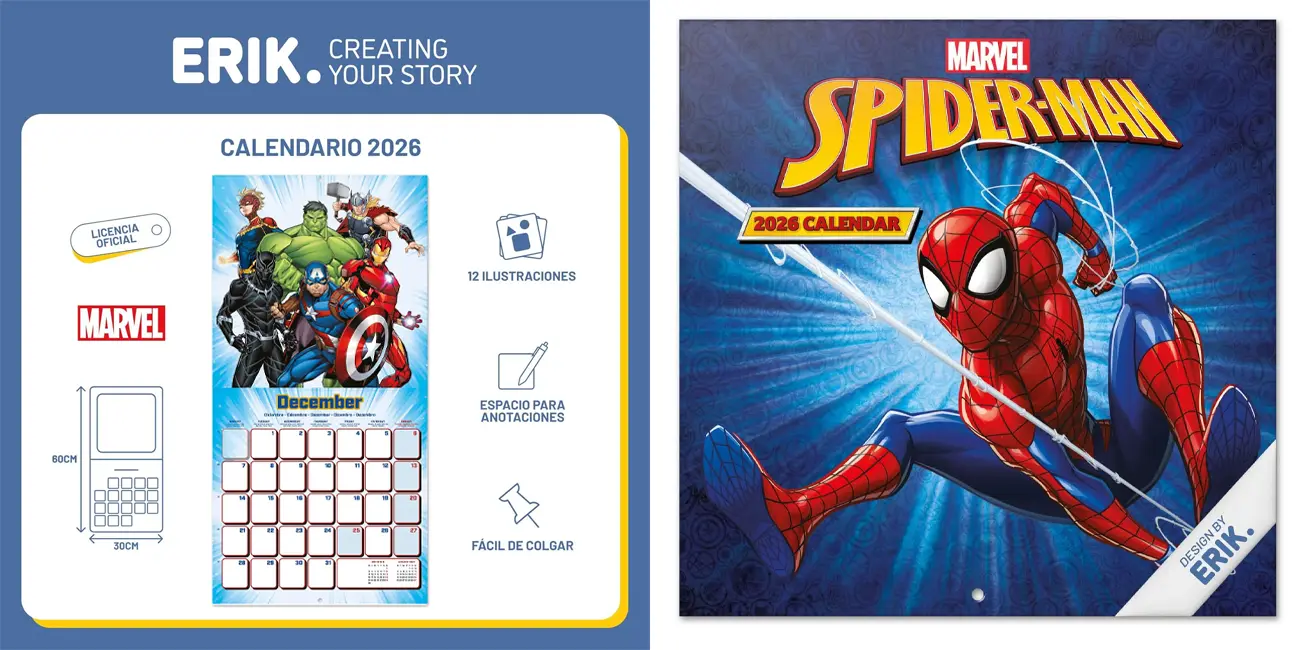 Calendario de pared 2026 de Spider-Man, Los Vengadores u otros personajes Marvel
