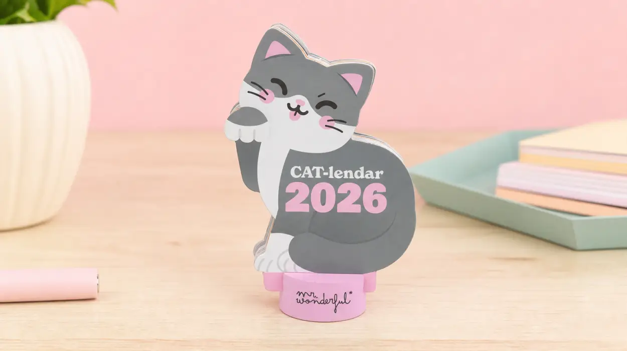 Calendario de sobremesa Mr Wonderful CAT-lendar 2026 con peana de madera