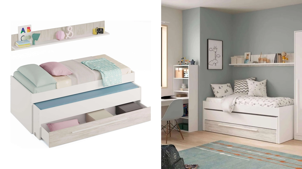 cama nido juvenil Habitdesign con 2 camas, cajón y estante