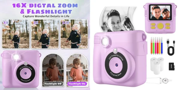 Cámara de fotos infantil HD con tarjeta de 32 GB y papel fotográfico