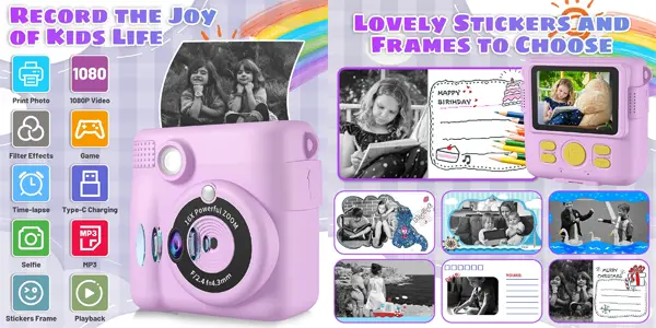 Cámara de fotos infantil HD con tarjeta de 32 GB y papel fotográfico