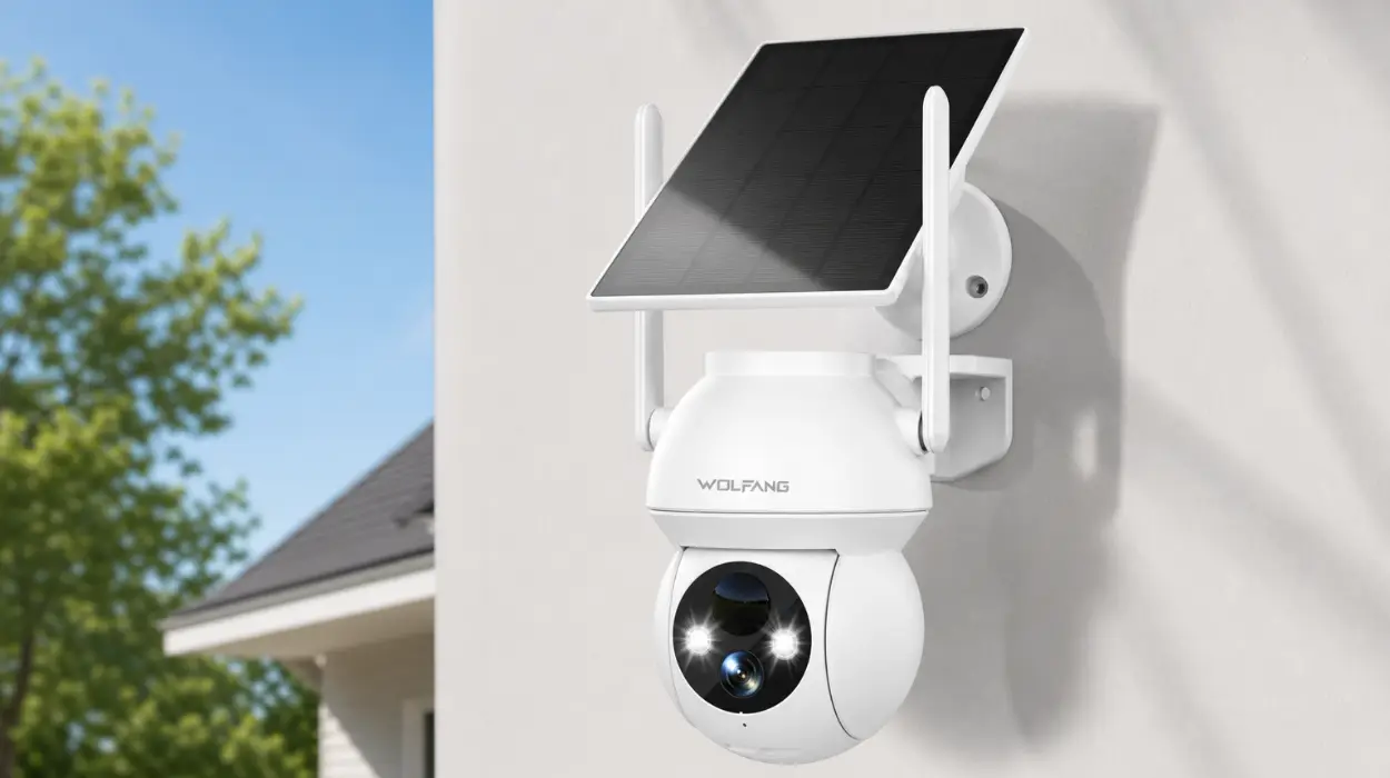 Cámara de seguridad solar WOLFANG 1080P para exteriores, WiFi PTZ 360° y visión nocturna a color
