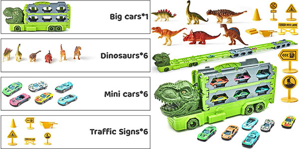 Camión Dinosaurio convertible en pista con vehículos y figuras de dinosaurios