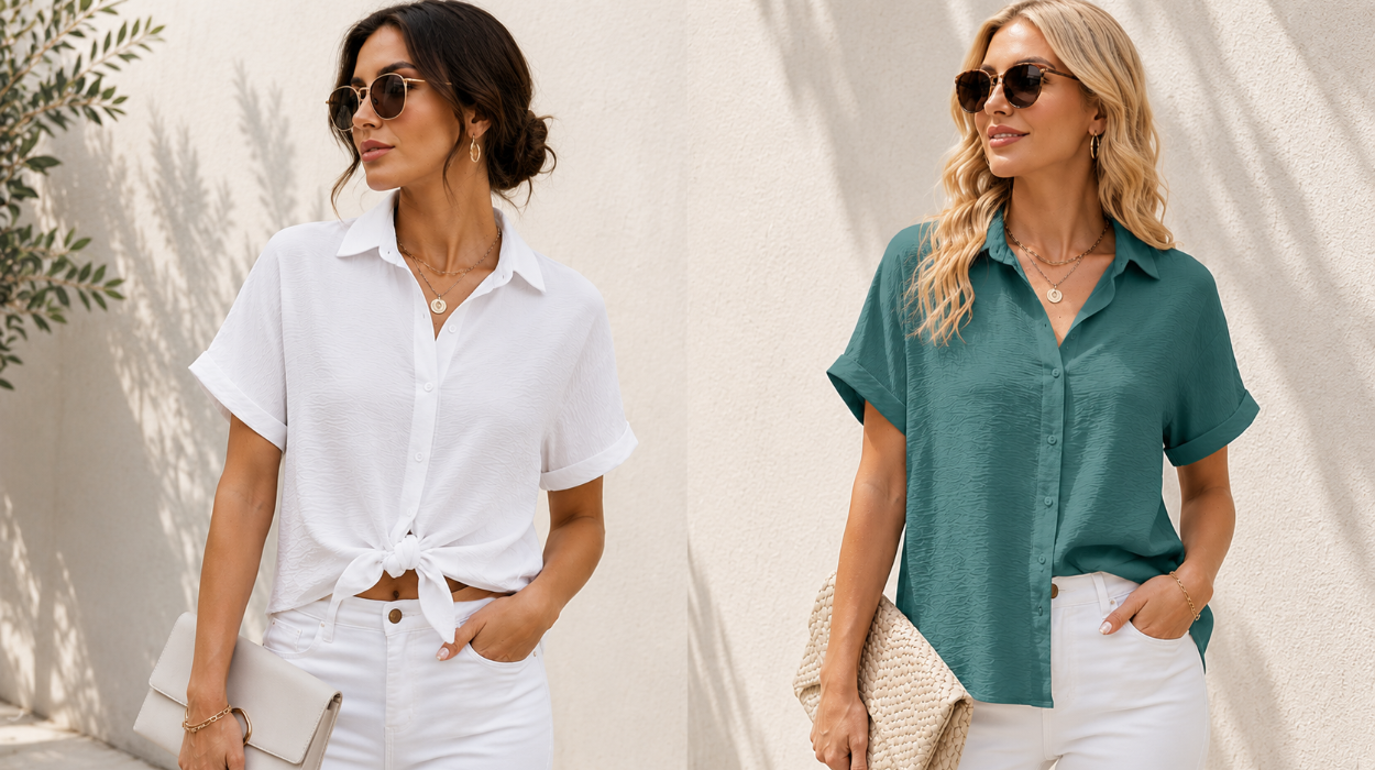 Blusas de verano para mujer con diseño de cuello en V y manga corta